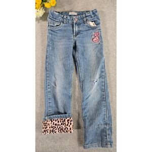 Y2K Levis Girls Size 6 Blue Jeans Heart Embroidery Leopard Print Cuff Distressed